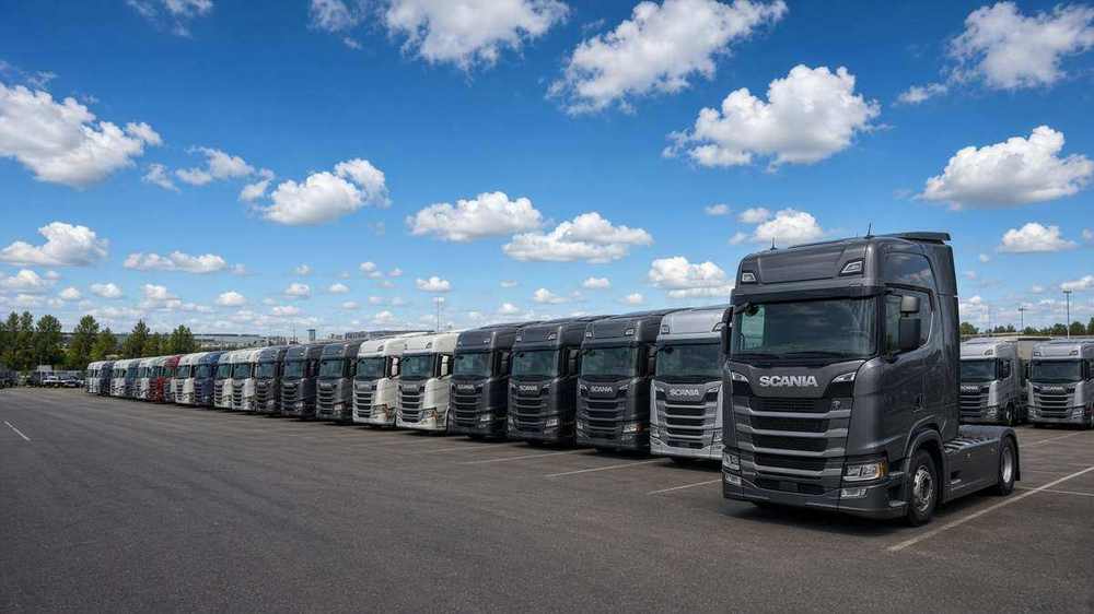Yard europeo de camiones Scania bajo cielo azul